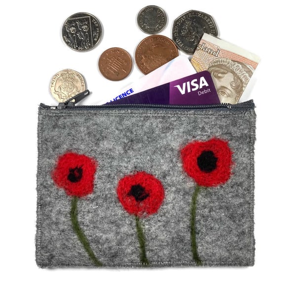 Felted coin purse with three poppies