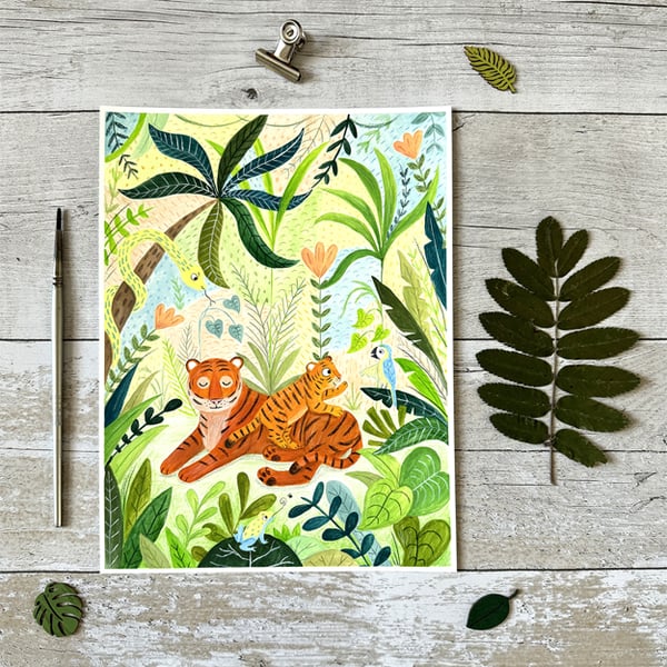 Original Tiger Jungle Painting - Gouache Painting - One of a kind