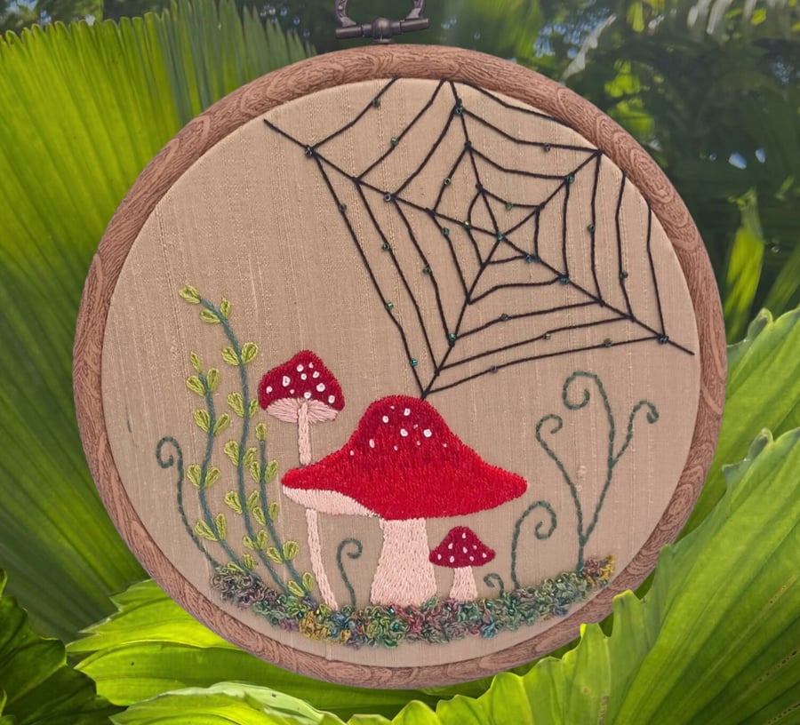 Mushroom Embroidery Hoop, Toadstool Embroidery Hoop, Spider Web Embroidery Hoop,