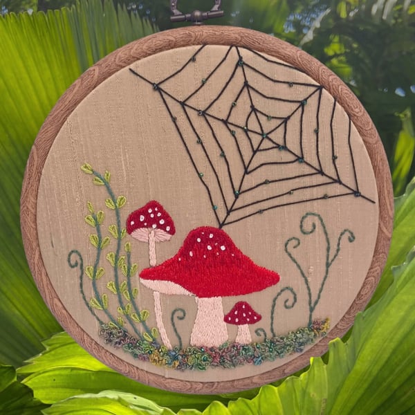 Mushroom Embroidery Hoop, Toadstool Embroidery Hoop, Spider Web Embroidery Hoop,