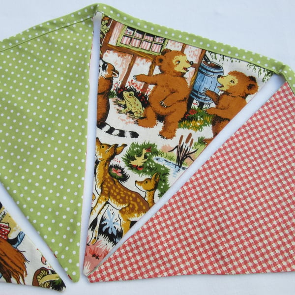 Vintage Fabric Bunting - Fairy Tale Woodland - Reversible to Patchwork Flowers
