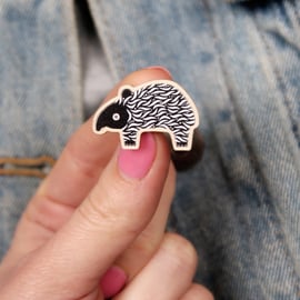 Baby tapir wooden pin badge, gift for animal lover, cute brooch.