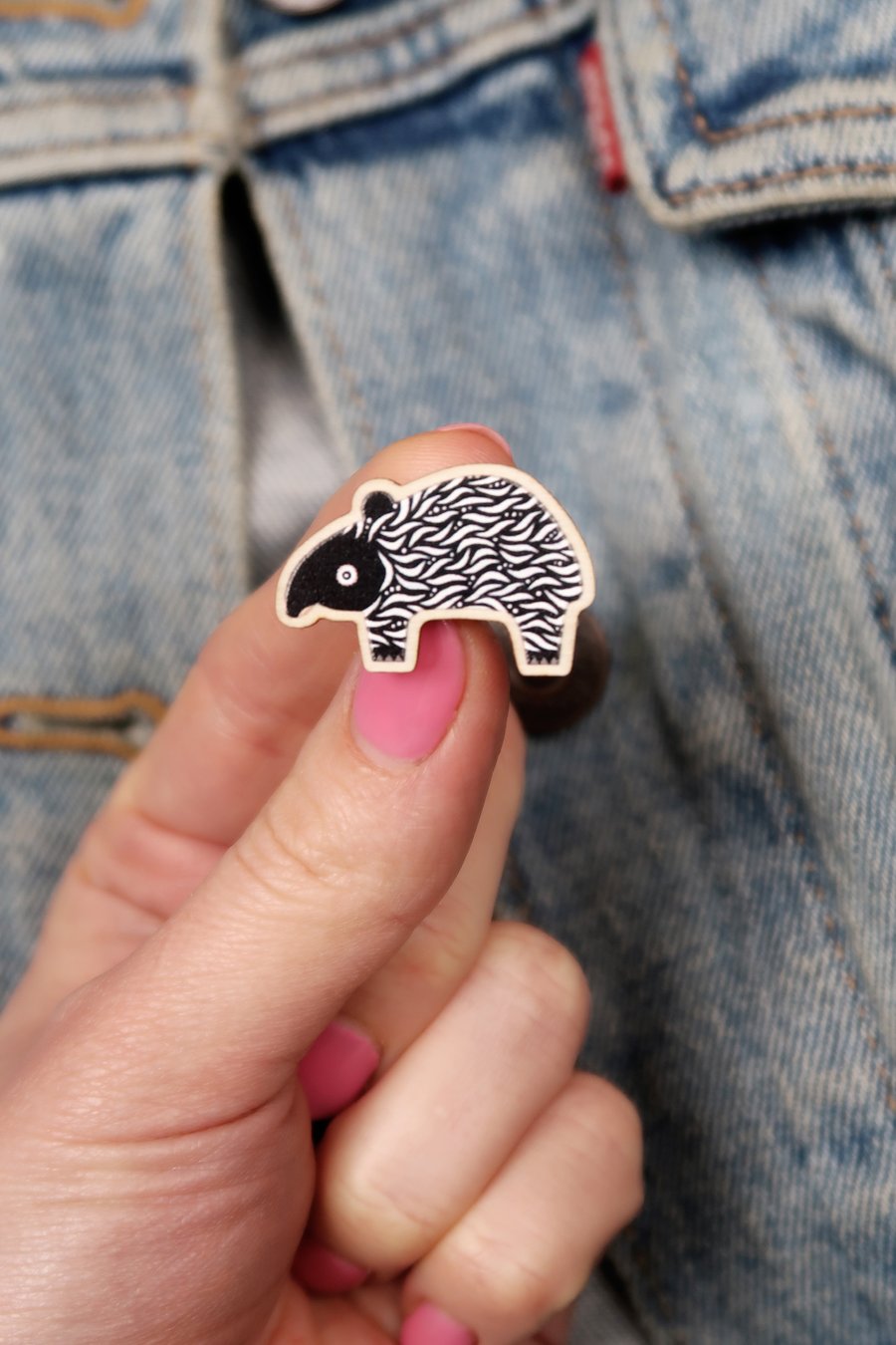 Baby tapir wooden pin badge, gift for animal lover, cute brooch.