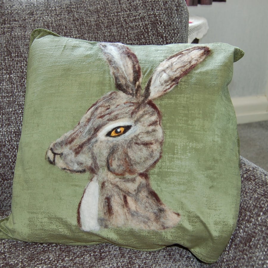 Hare Cushion Cover, Textile art, Needlefelt hare