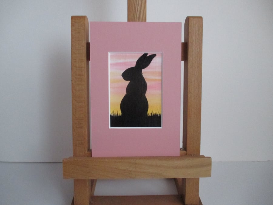 Bunny Rabbit ACEO painting Silhouette original art mounted ready to frame pink