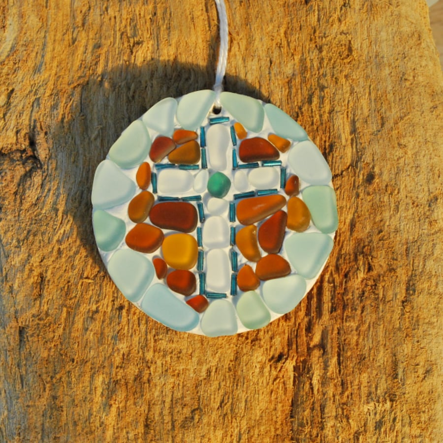 Beach glass mosaic with cross