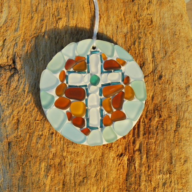Sea glass mosaic with cross