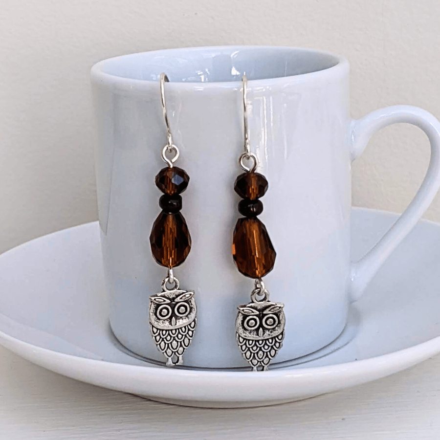 Woodland Owl Charm Drop Earrings, Halloween Dangle Earrings