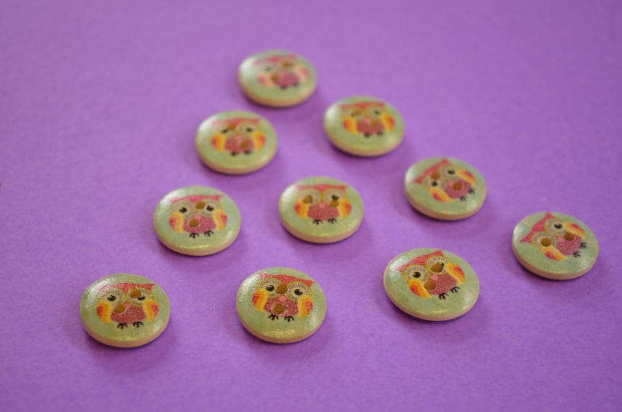 15mm Wooden Rainbow Owl Buttons Aqua Purple Yellow Pink 10pk Bird (SOW10)