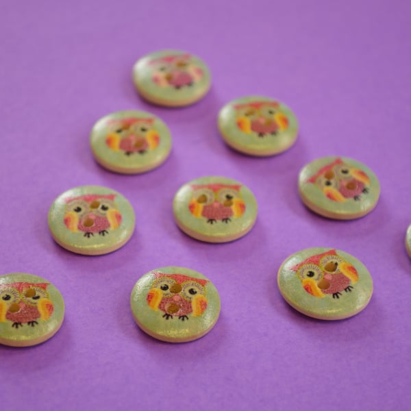15mm Wooden Rainbow Owl Buttons Aqua Purple Yellow Pink 10pk Bird (SOW10)