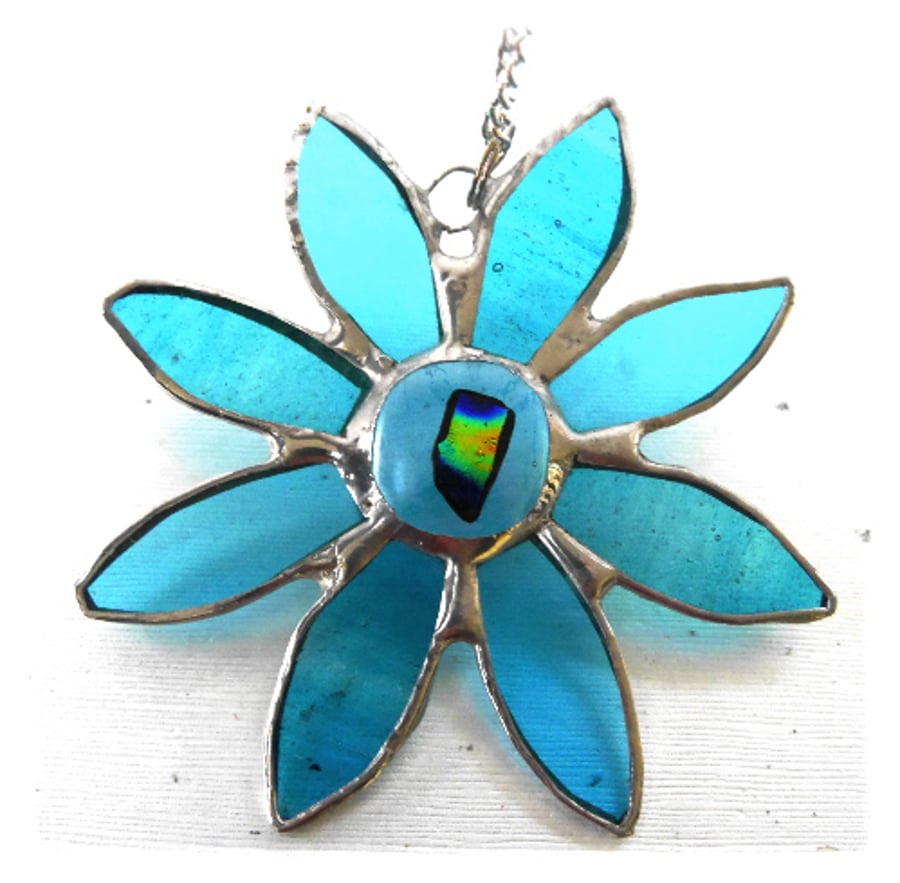 SOLD Dichroic Daisy Turquoise Suncatcher Handmade Stained Glass 001