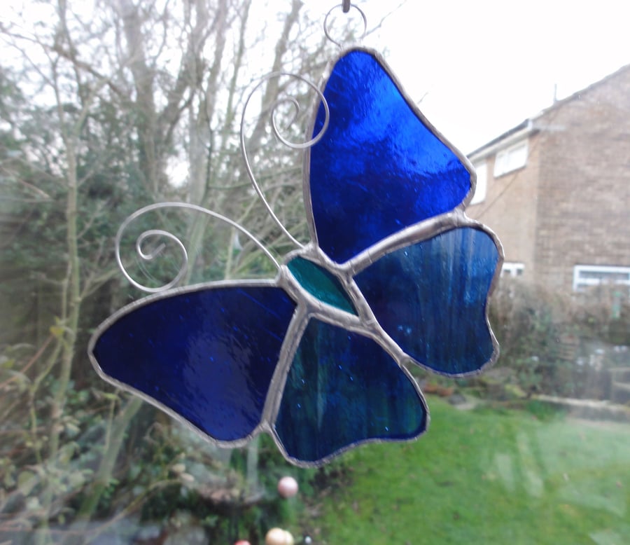 Stained Glass Butterfly Suncatcher - Blue