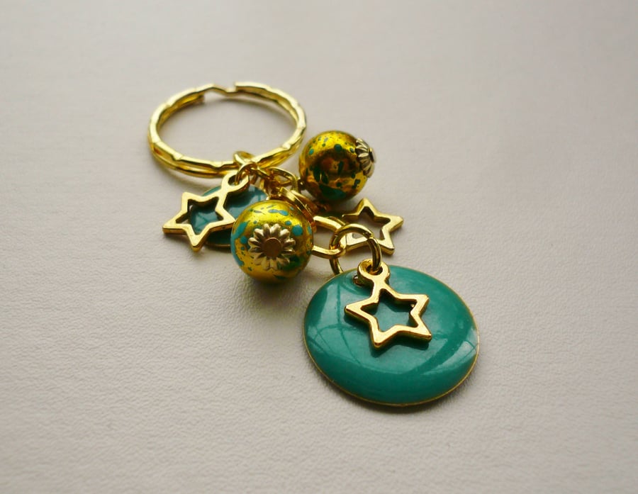 Turquoise Painted Enamel Disc and Gold Plate Star Keyring   KCJ947