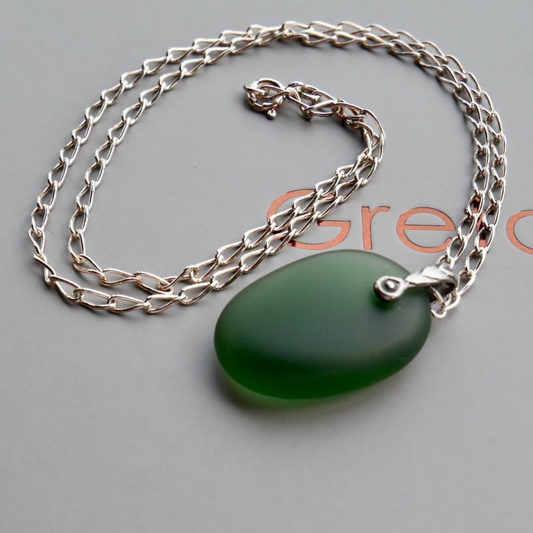 Tumbled Green Sea Glass Pendant - Sterling Silver Chunky Bail and Curb Chain