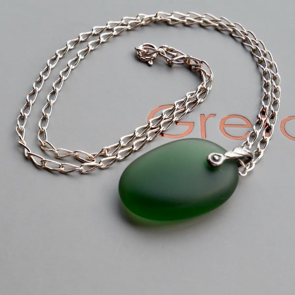 Tumbled Green Sea Glass Pendant - Sterling Silver Chunky Bail and Curb Chain