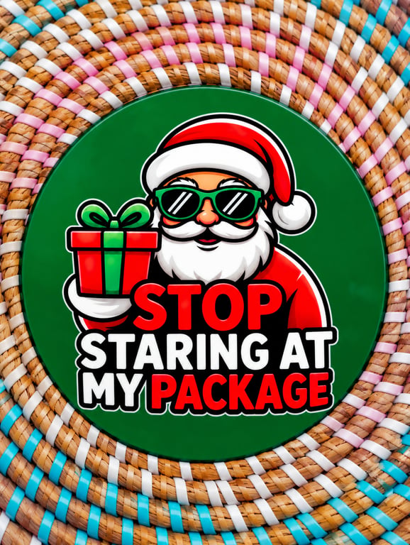 Stop Staring at My Package Christmas Coaster – Funny Santa Wooden Drinks Coaster