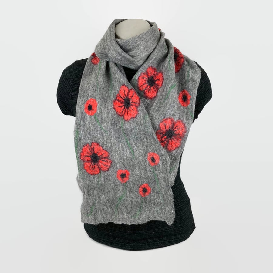 Felted, grey merino wool scarf with silk poppies