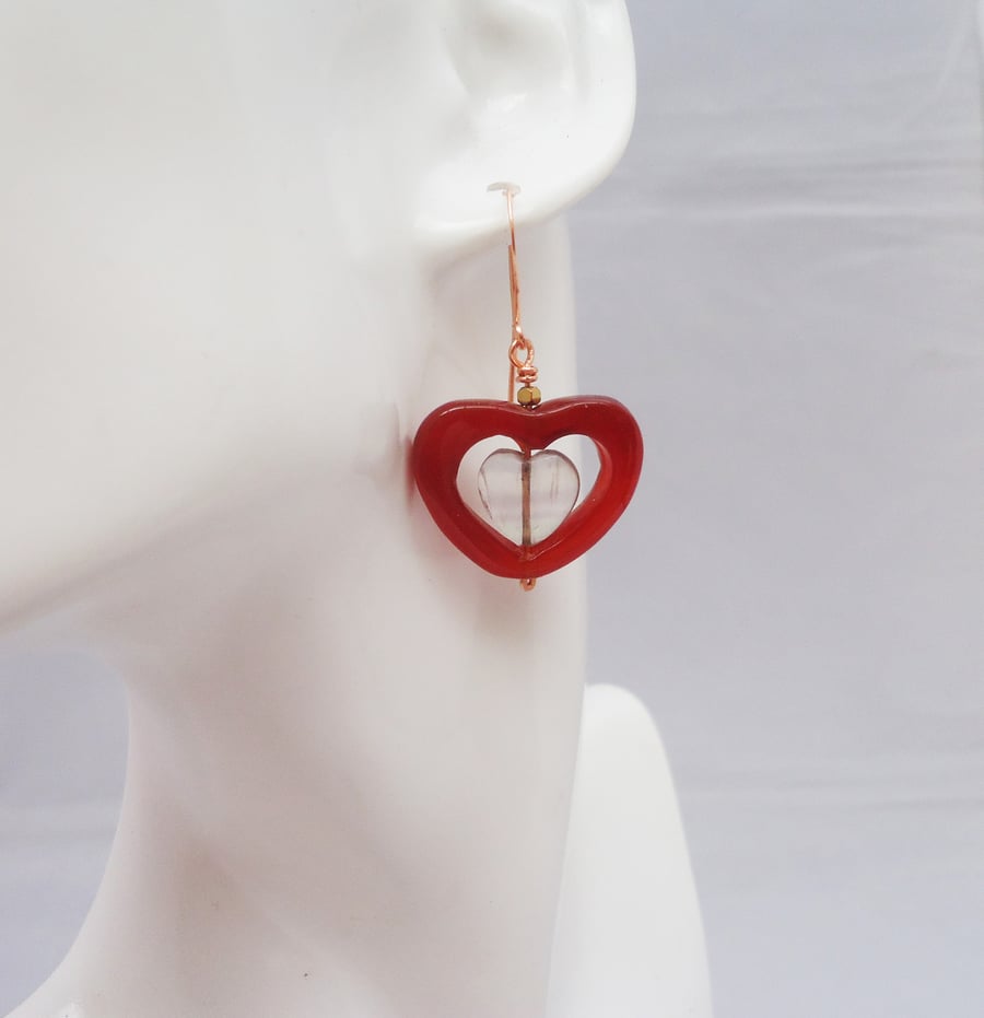 Carnelian and Fluorite Earrings, Heart Earrings, Gemstone Dangle Earrings