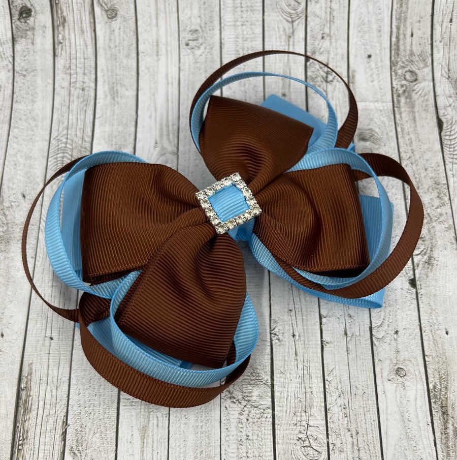 School Brown and Light Blue Top Knot Bow on Clip