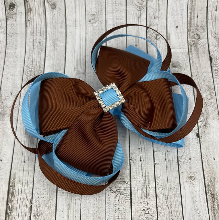 School Brown and Light Blue Top Knot Bow on Clip