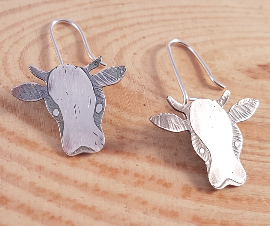 Sterling Silver Etched Cow Drop Dangle Earrings