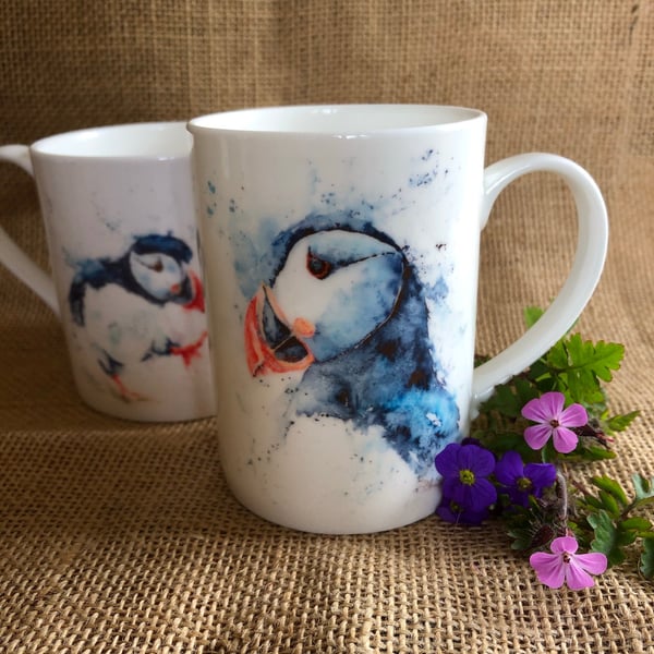 Puffins Watercolour Bone China Mug, China Cup, Gift, Wildlife Art Mug by Waterco