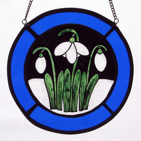 Snowdrop Stained Glass Roundel with Royal Blue Surround