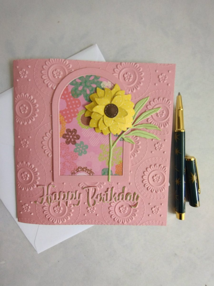 Image of Sunshine Yellow Polka Dot Flower in Pink Arch - Birthday Card 