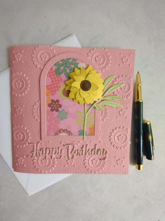Sunshine Yellow Polka Dot Flower in Pink Arch - Birthday Card 