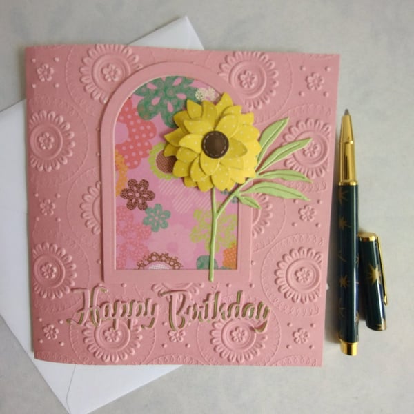 Sunshine Yellow Polka Dot Flower in Pink Arch - Birthday Card 