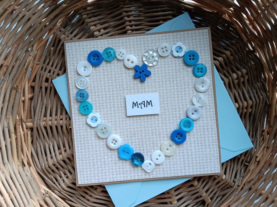 "Mam" (Welsh Mum) Blue Buttons Heart Card Size 5" x 5" 