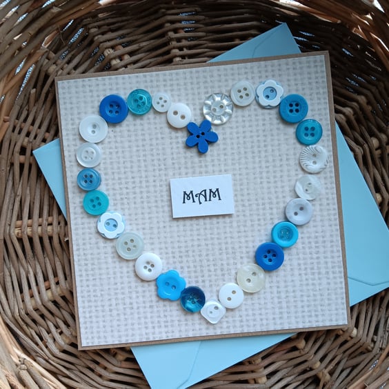 "Mam" (Welsh or Northern Mum) Blue Buttons Heart Card Size 5" x 5" 