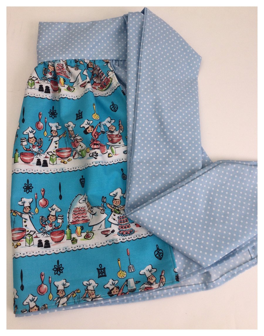 Retro hostess apron in blue chef print