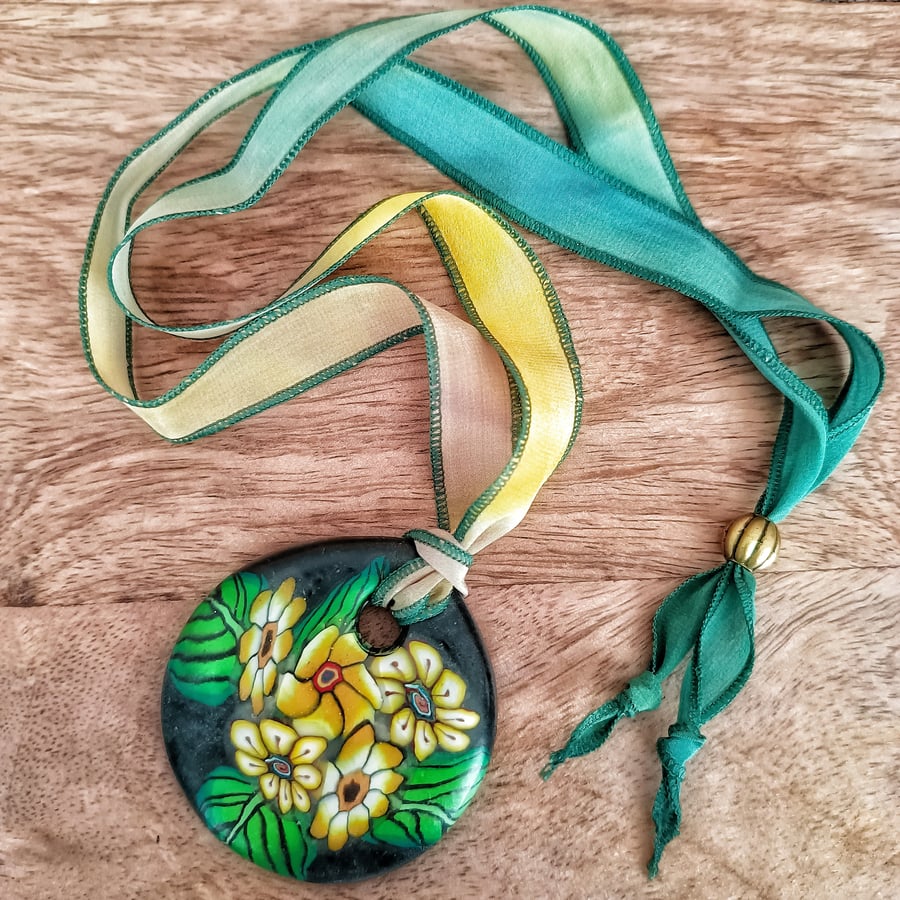 Hand Dyed Pure Silk Ribbon Necklace with Pendant