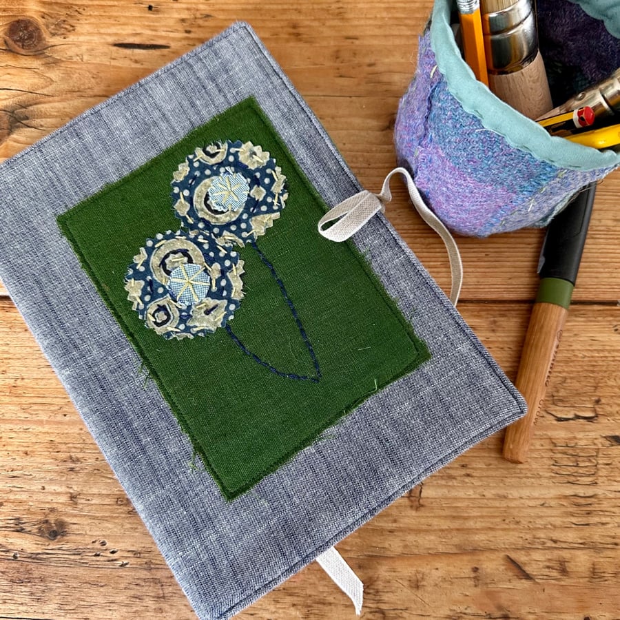 Notebook & Journal Cover in Blue Chambray with an Appliqué Flower Design