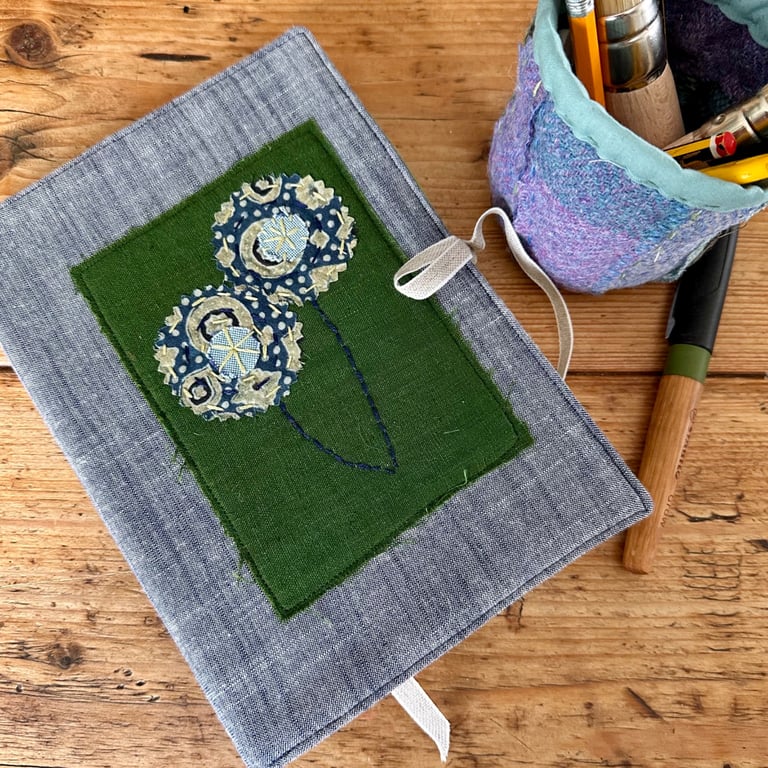 Notebook & Journal Cover in Blue Chambray with an Appliqué Flower Design