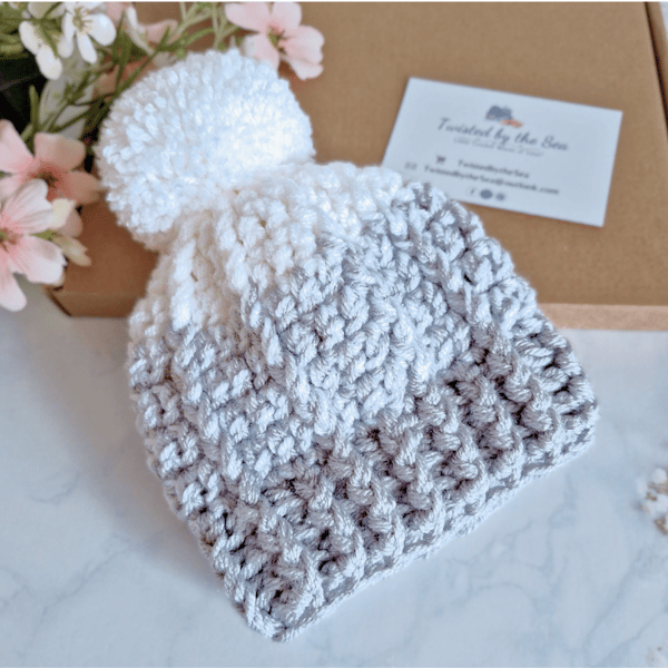 Ombre Crochet Newborn Baby Hat with Pom Pom - Silver & White