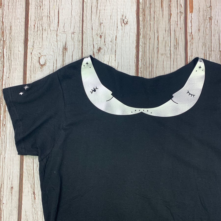 Crescent Moon Peter Pan Collar Woman's Black top with shiny silver stars. Ladies