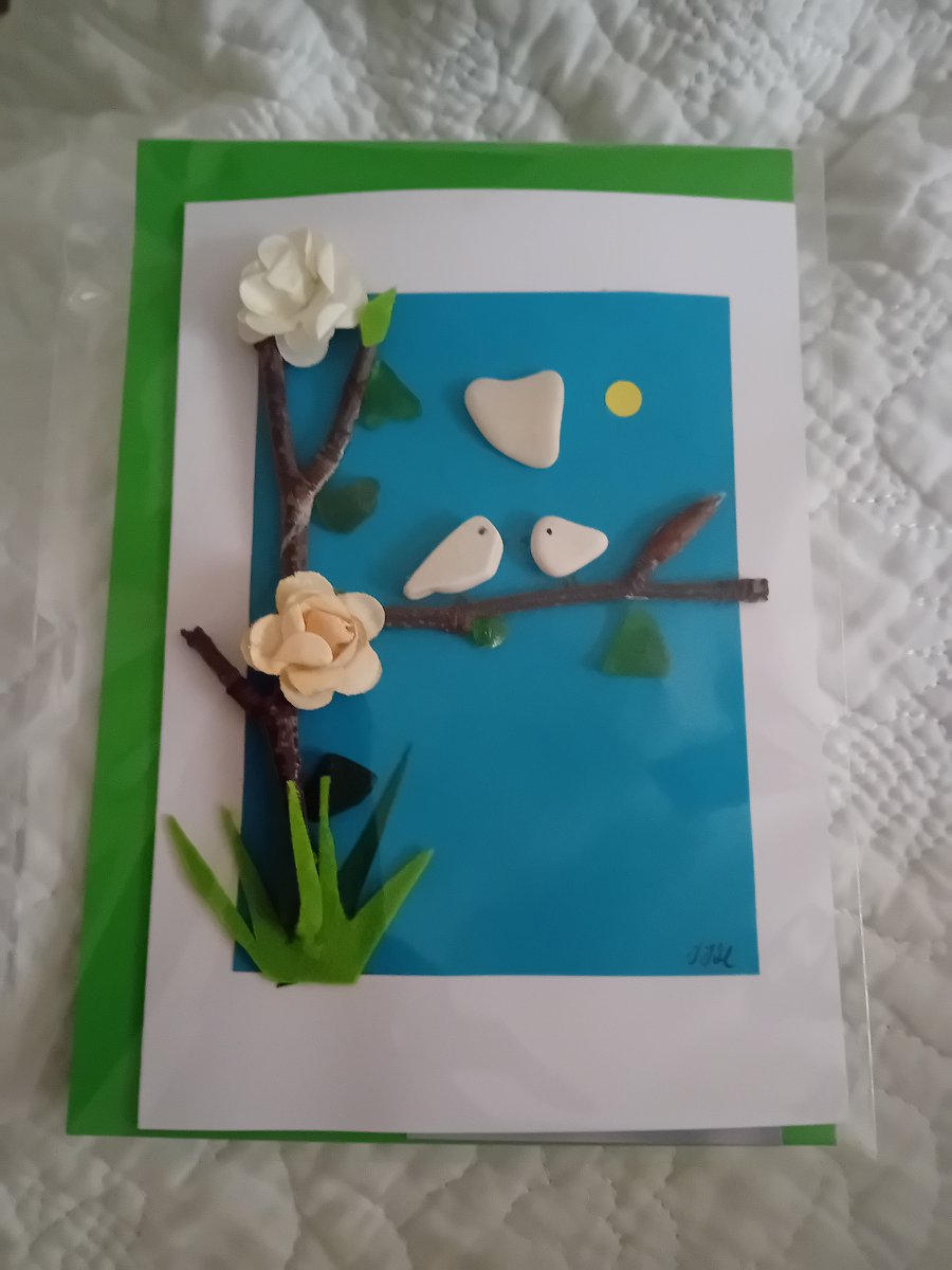 Handcrafted and designed mixed media and seaglass card with seapottery