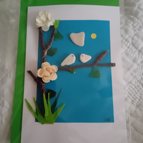 Handcrafted and designed mixed media and seaglass card with seapottery