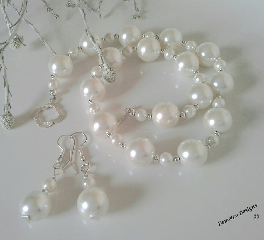 Ivory White Shell Pearl Necklace & Earring set Silver Plate
