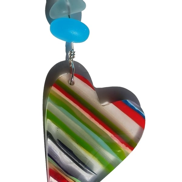Surfite & Blue Seaglass Heart Necklace Sterling Silver Handmade Jewellery Gift