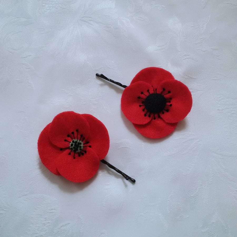Poppies, hair flower, Bobby pin, felt embroidered, poppy appeal, free shipping
