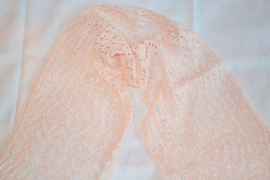 Hand Knitted Cotton Summer Lace Shawl White Apricot 180 cm long