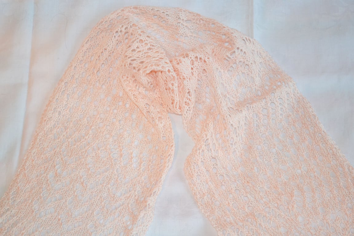 Hand Knitted Cotton Summer Lace Shawl White Apricot 180 cm long