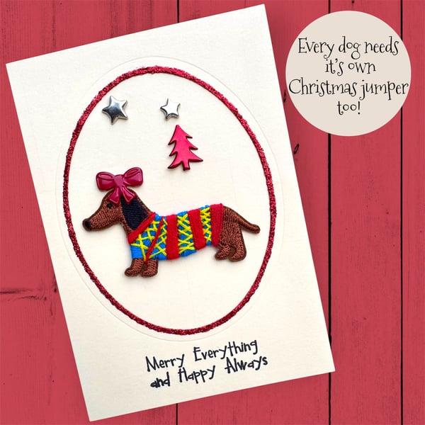 Christmas card, sausage dog girl, red bow and  xmas jumper. To or from the dog. 