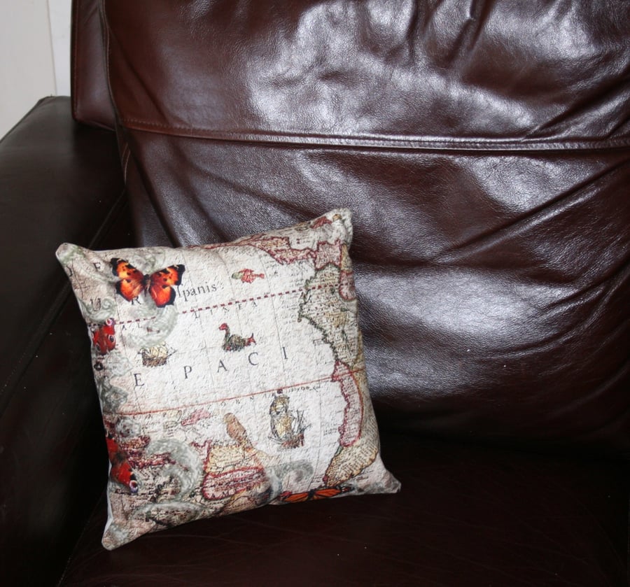  Washable cushion  12x12" maps and butterflies