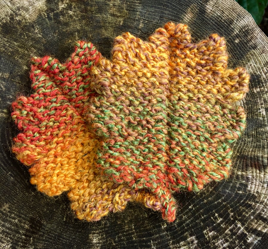Set of Two Autumn Oak Leaf Coasters, Knitted Woodland Leaves