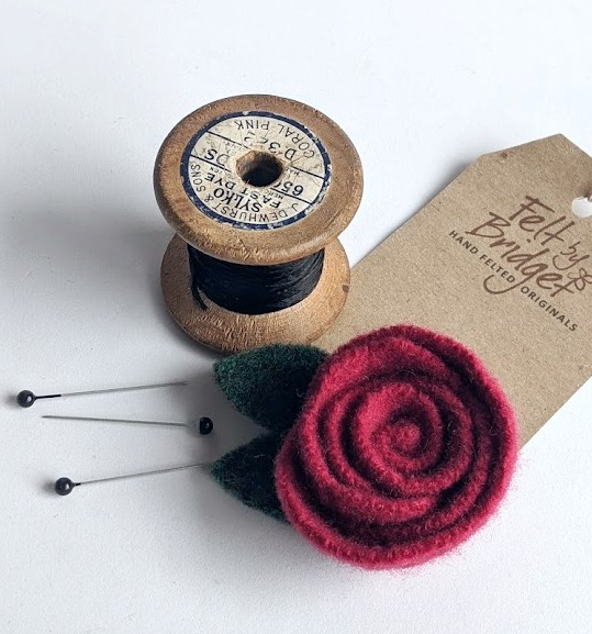 Claret rose brooch: upcycled wool felt