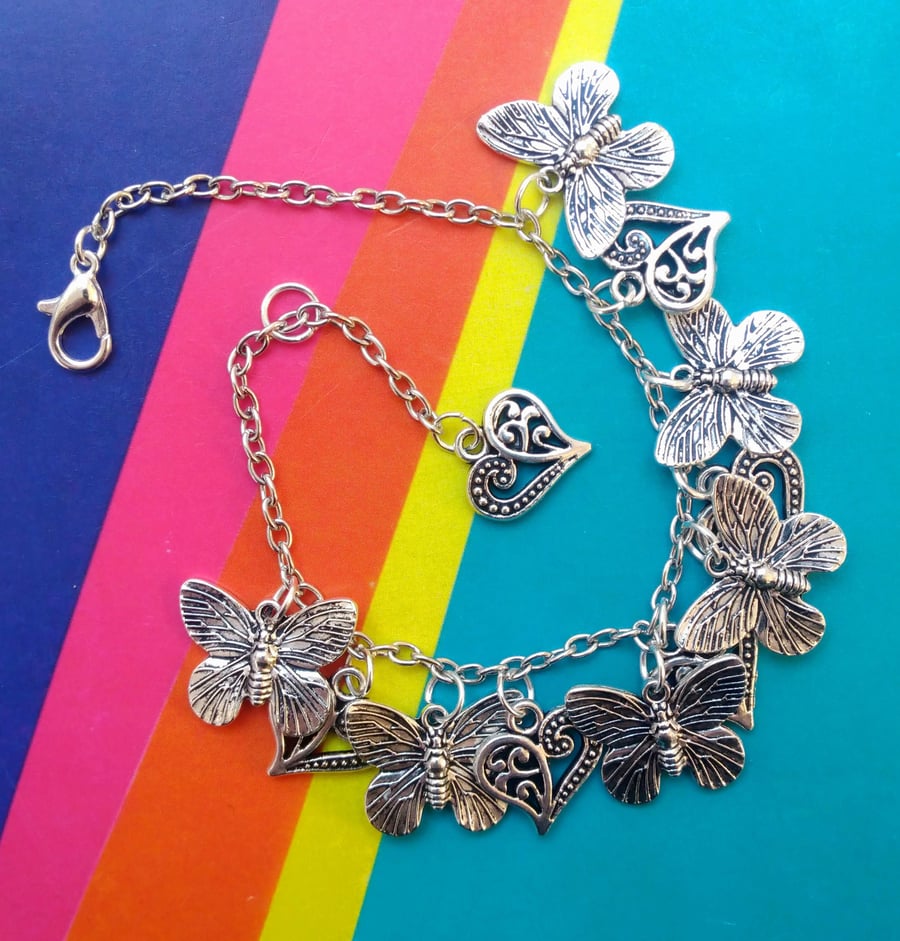 Beautiful Siver Hearts & Butterflies Bracelet
